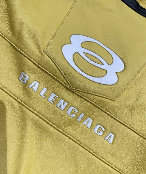 Balenciaga Racer Oversized Distressed Panelled Leather Jacket – Signal Yellow
