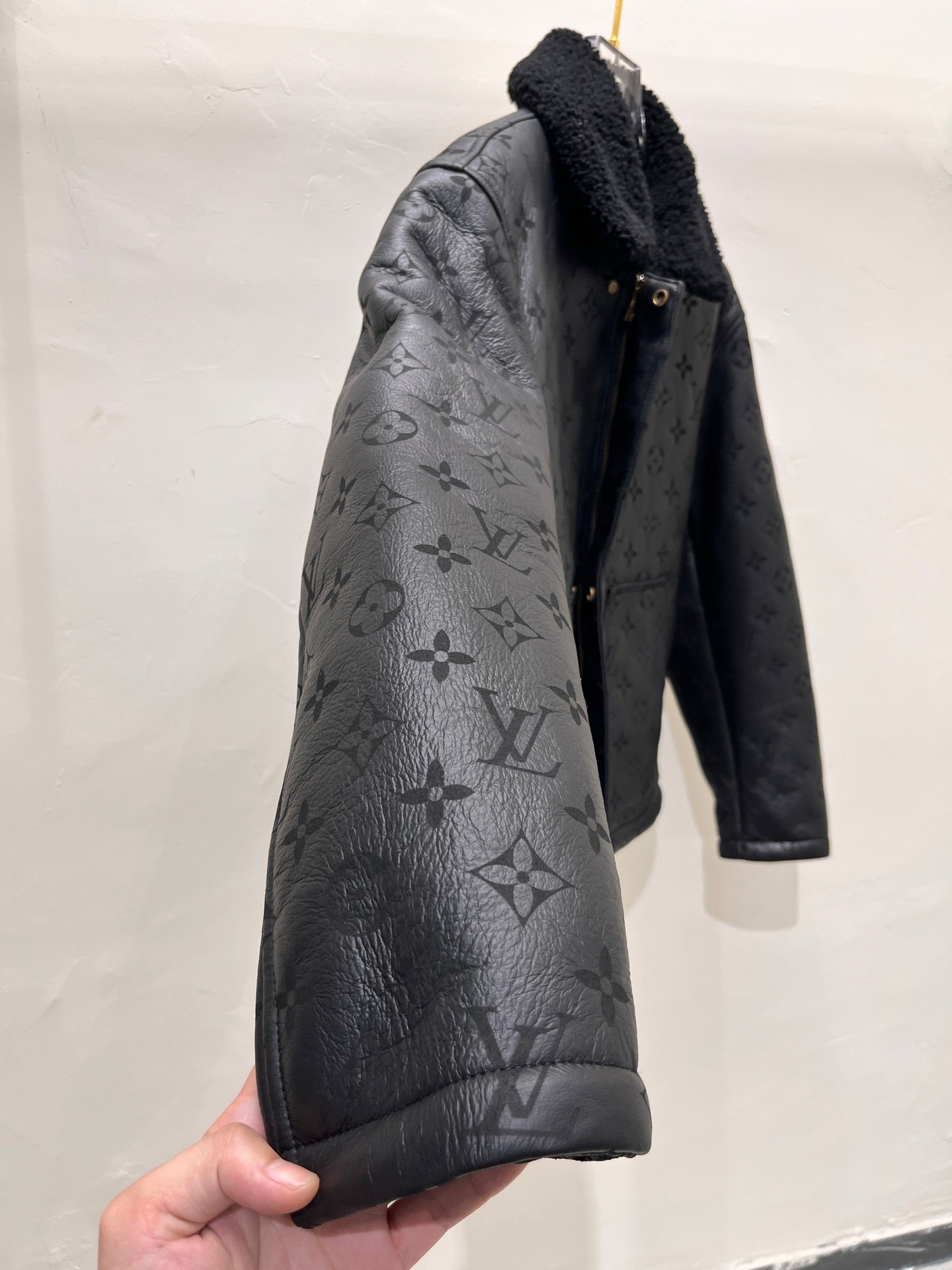 Louis Vuitton Black Full Monogram Shearling Leather Winter Jacket For Sale