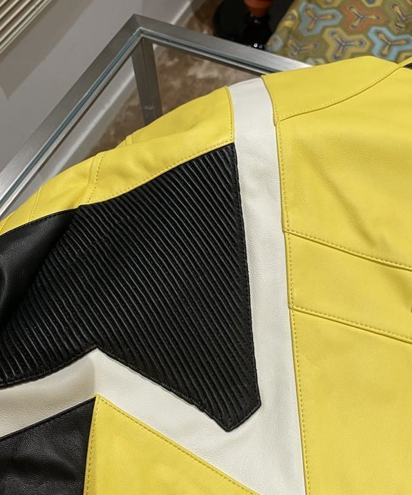 Balenciaga Racer Oversized Distressed Panelled Leather Jacket – Signal Yellow