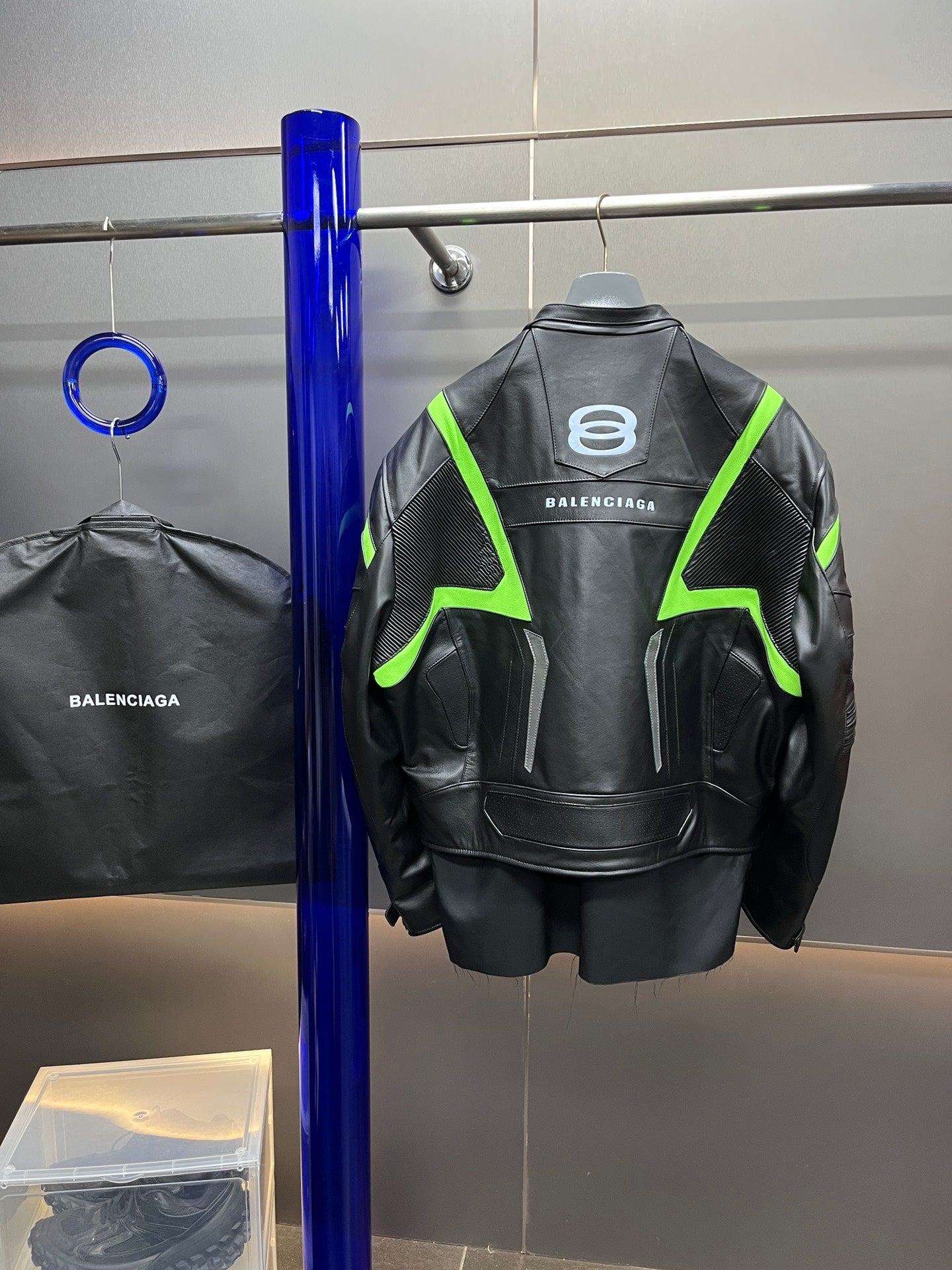 Balenciaga Oversized Leather Bikers Jacket – Jet Black / Neon